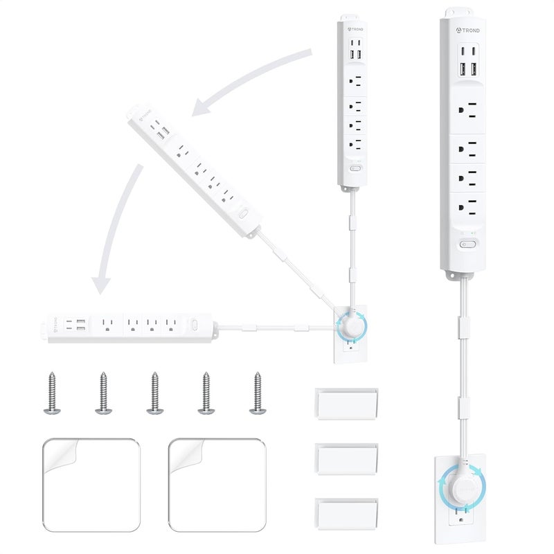 TROND Power Strip Outlet Extender with 360° Rotating Plug, 1.5FT Extension Cord with Multi Plug Wall Outlets and 4 USB (2 USB C), 1440J Surge Protector, Mountable for Couche, Nightstand, Desk, White - Image 1